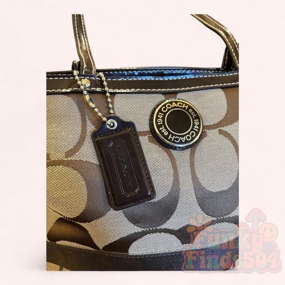 Coach Signature Stripe Tote F19046 Khaki Brown Canvas Leather Trim Purse Bag - Picture 9 of 14